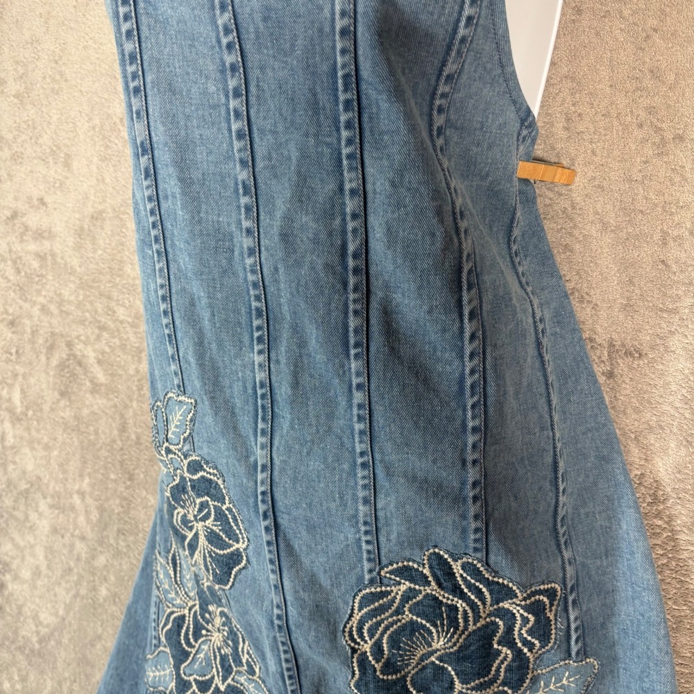 Maeve Anthropologie Blue Denim Halter Dress Floral Embroidered Smocked XL Boho - Picture 7 of 16